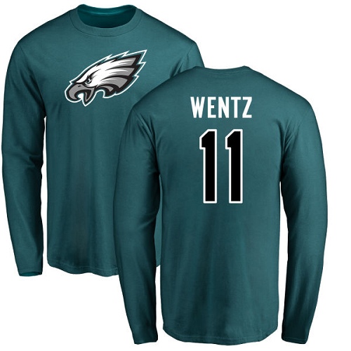Men Philadelphia Eagles #11 Carson Wentz Green Name and Number Logo Long Sleeve NFL T Shirt->philadelphia eagles->NFL Jersey